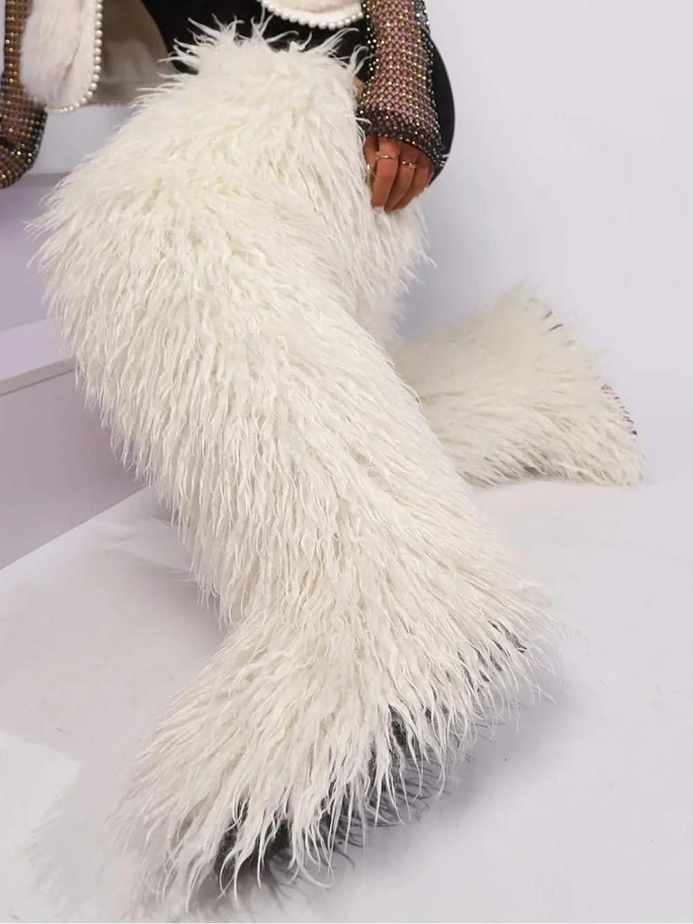 Women’s Beige Thigh High Faux Fur Boots Over the Knee Fluffy Winter Boots